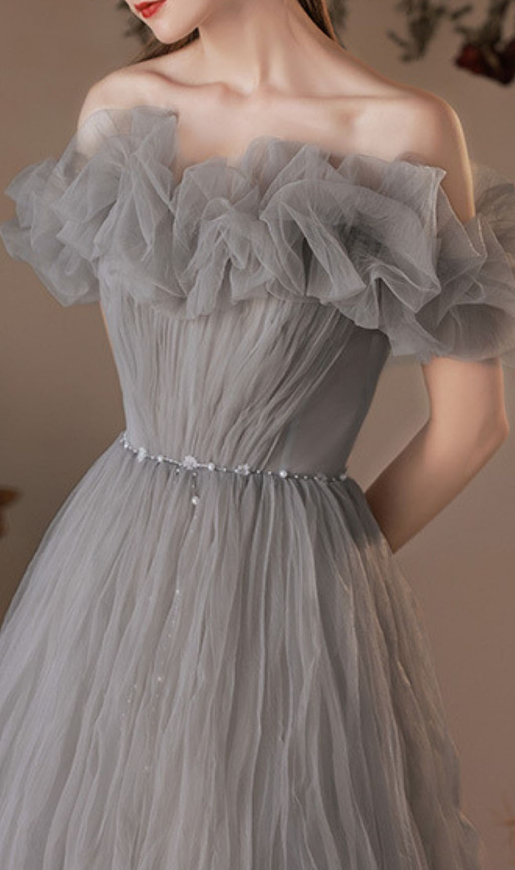 Kasey Grey Off-Shoulder Mesh Maxi Gown - Modern Elegance