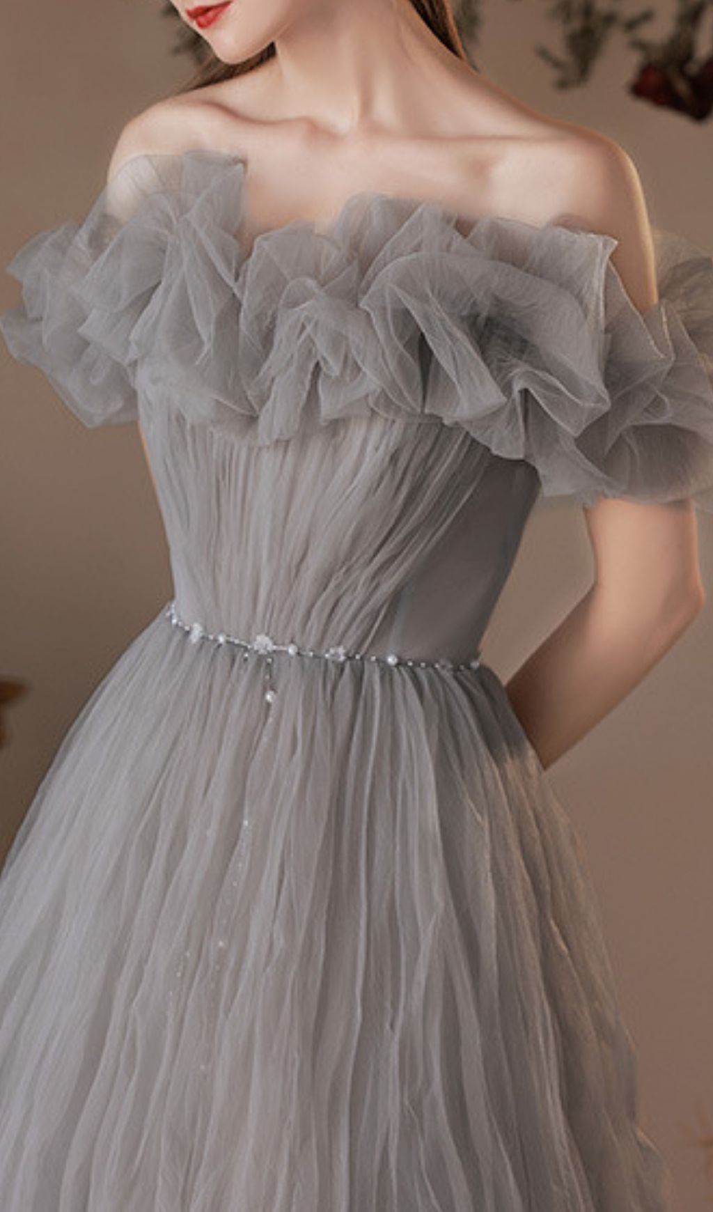 Kasey Grey Off-Shoulder Mesh Maxi Gown - Modern Elegance