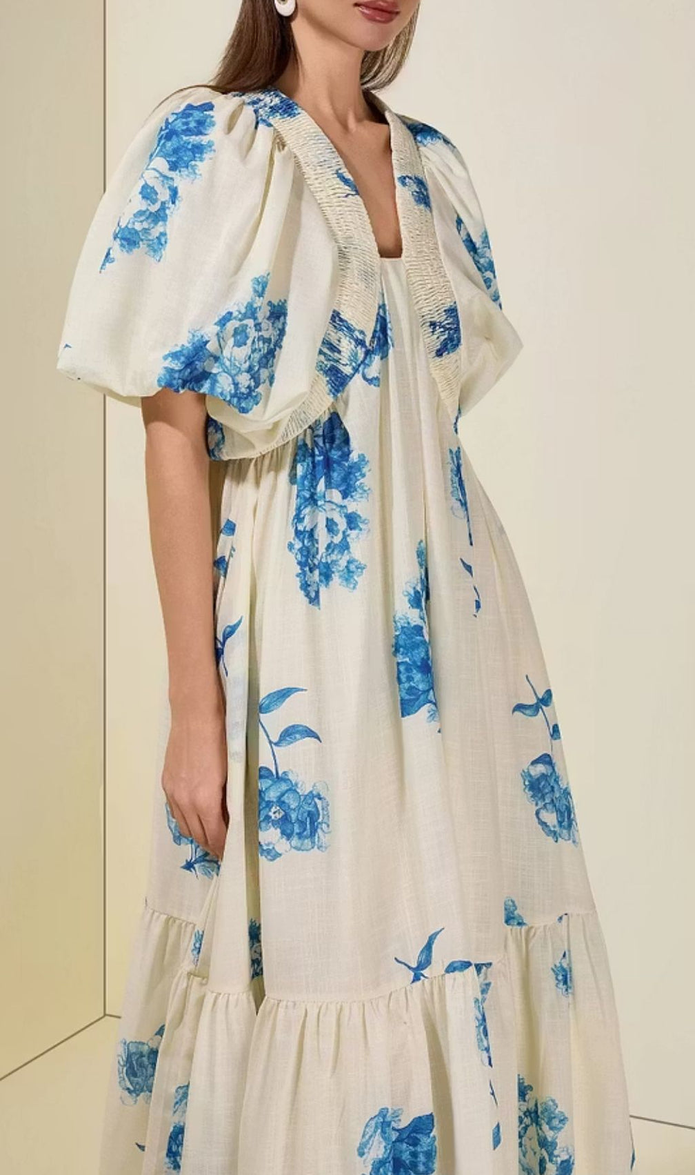 Susie Print Smocking Puff Sleeve Midi Dress - Blue