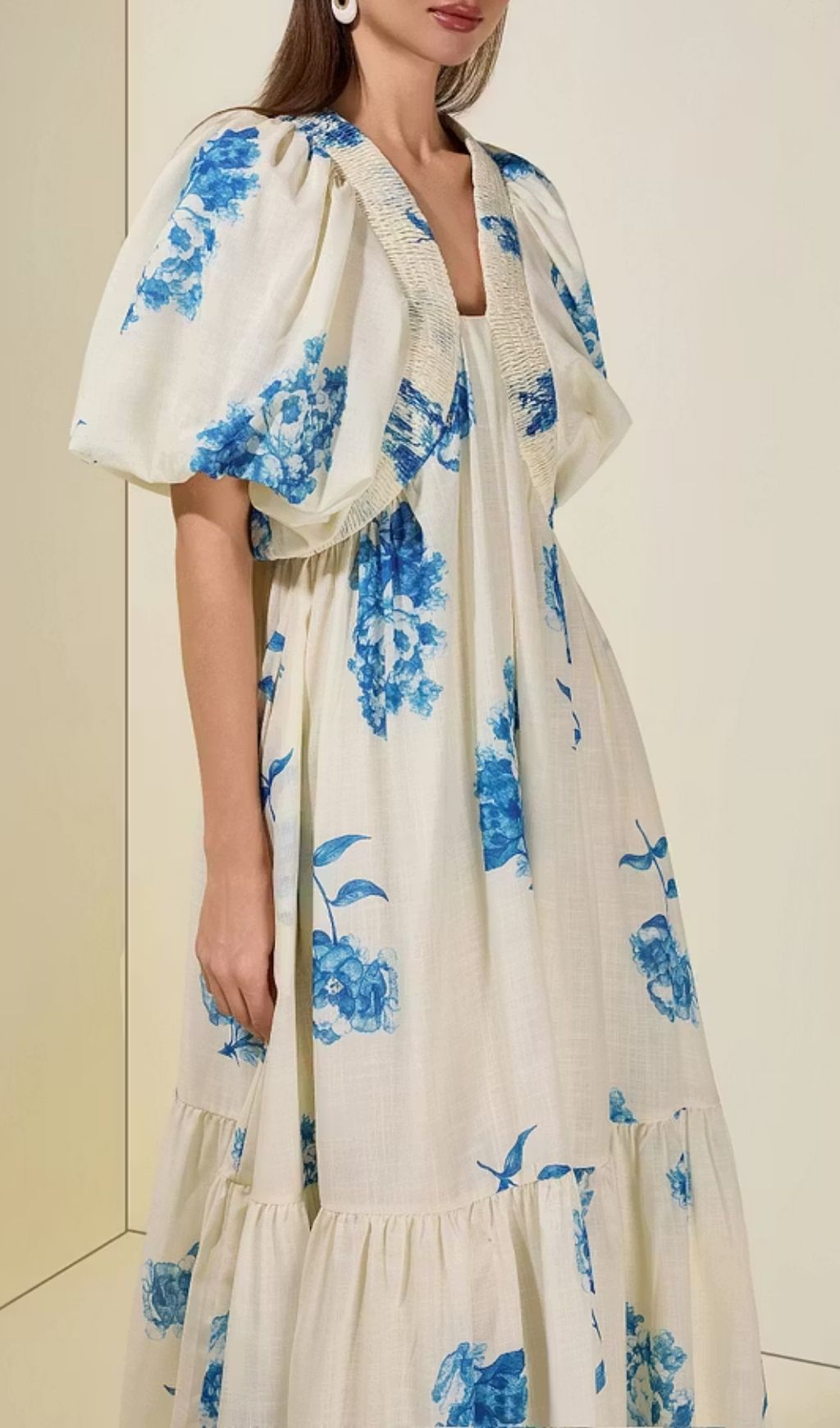 Susie Print Smocking Puff Sleeve Midi Dress - Blue