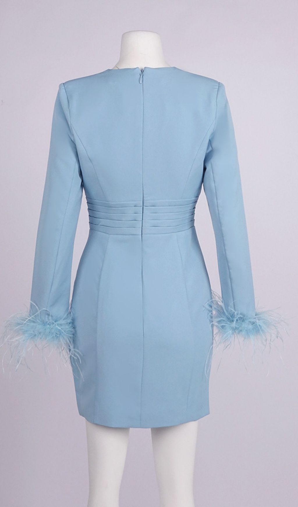 Chic Light Blue Feather Cuff Blazer Mini Dress - Deep V Party Style