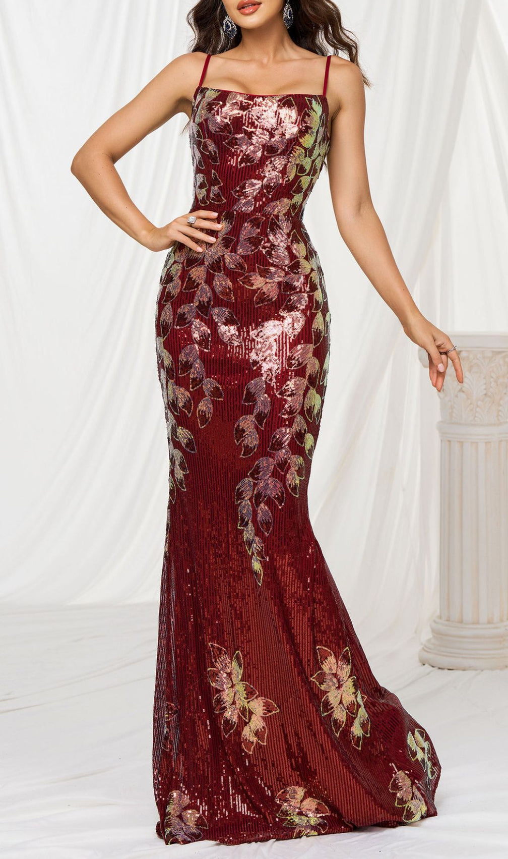 Fiora Wine Strappy Sequin Maxi Dress
