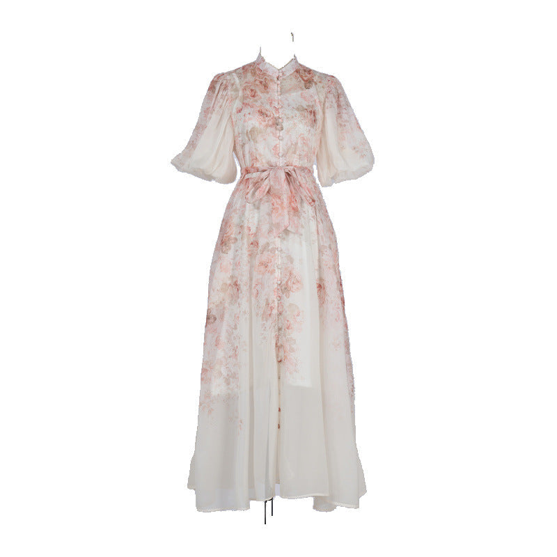 Pink Floral Print Mandarin Collar Chiffon Maxi Dress