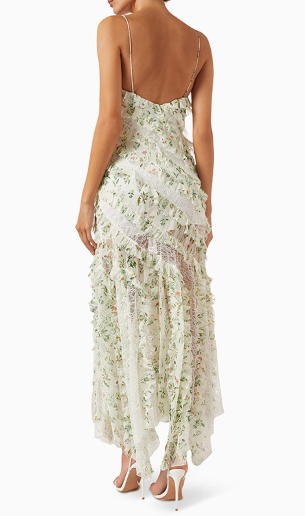 Ceteria Green Strappy Floral Ruffle Maxi Dress
