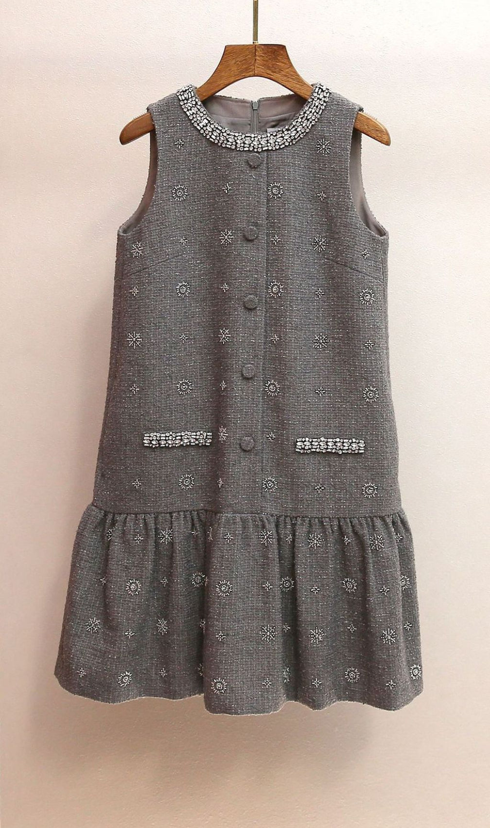 Hasana Sparkling Grey Tweed Sleeveless Mini Dress with Crystal Embellishments
