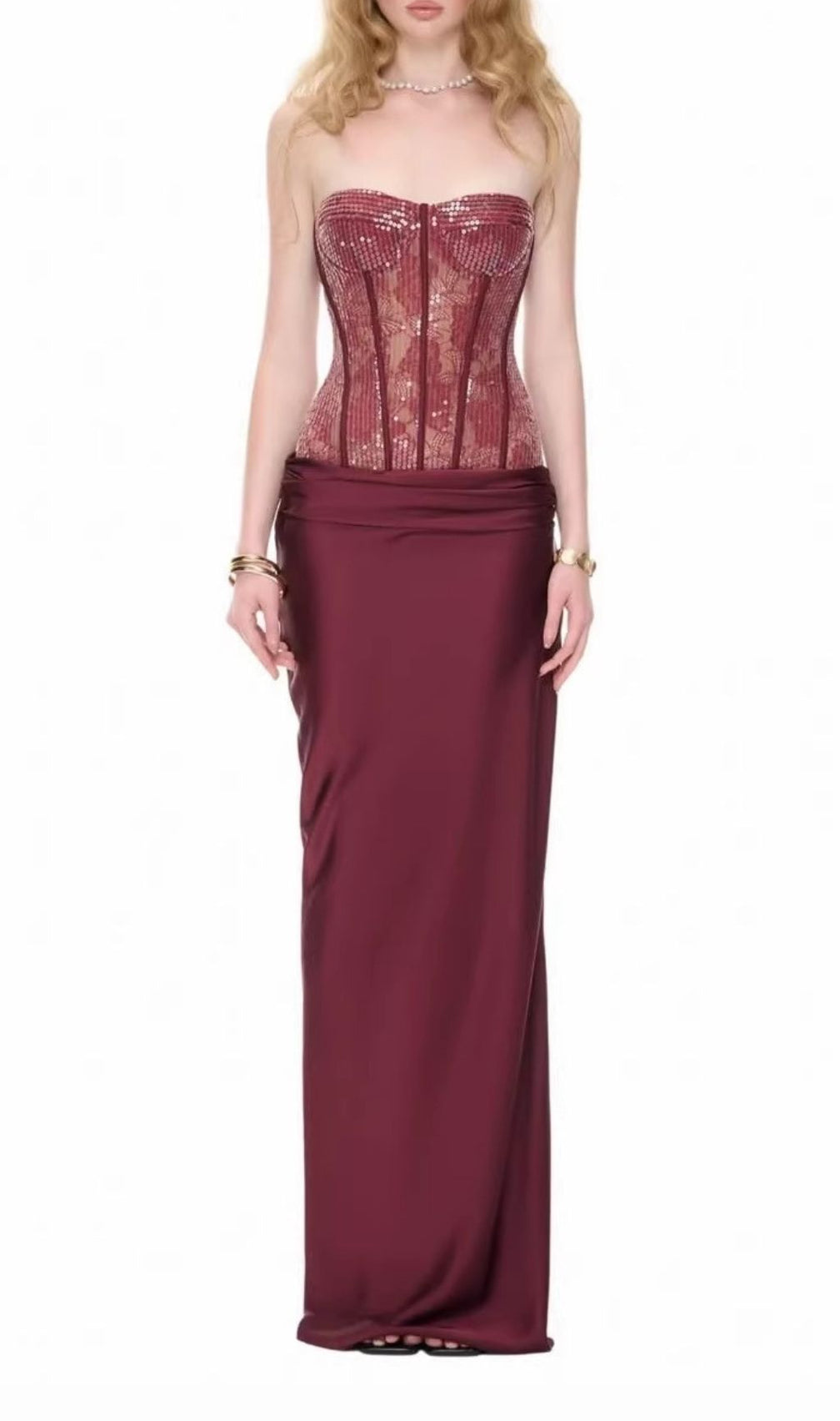 Kawthar Dazzling Red Sequin Corset Maxi Dress - Strapless Evening Gown