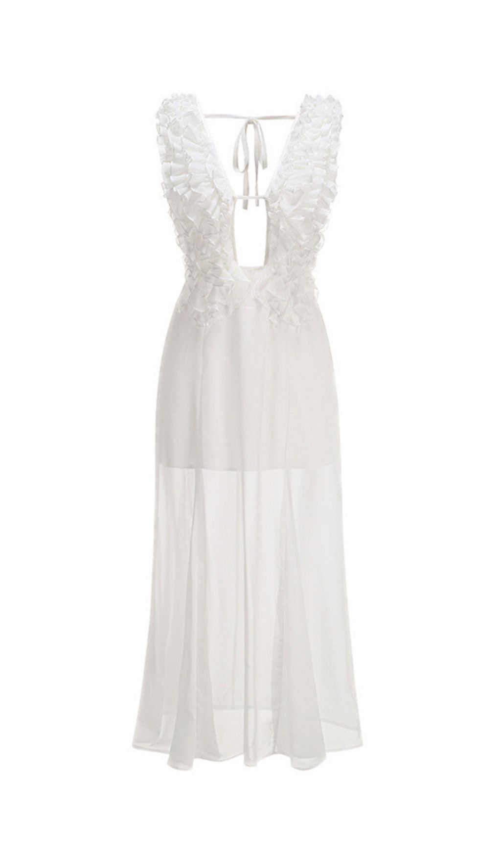 Harleigh White Ruffled Mesh Maxi Dress - Ethereal Elegance for Galas & Weddings