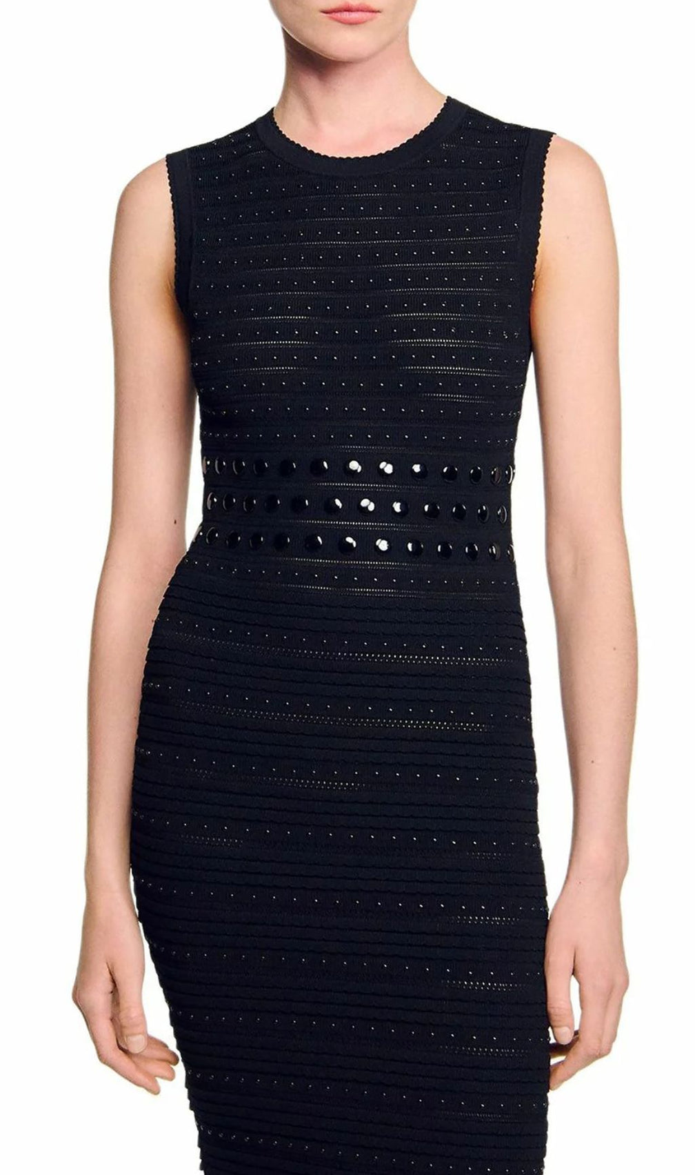 Chic Studded Knit Midi Dress | Black Sleeveless Flounce Hem