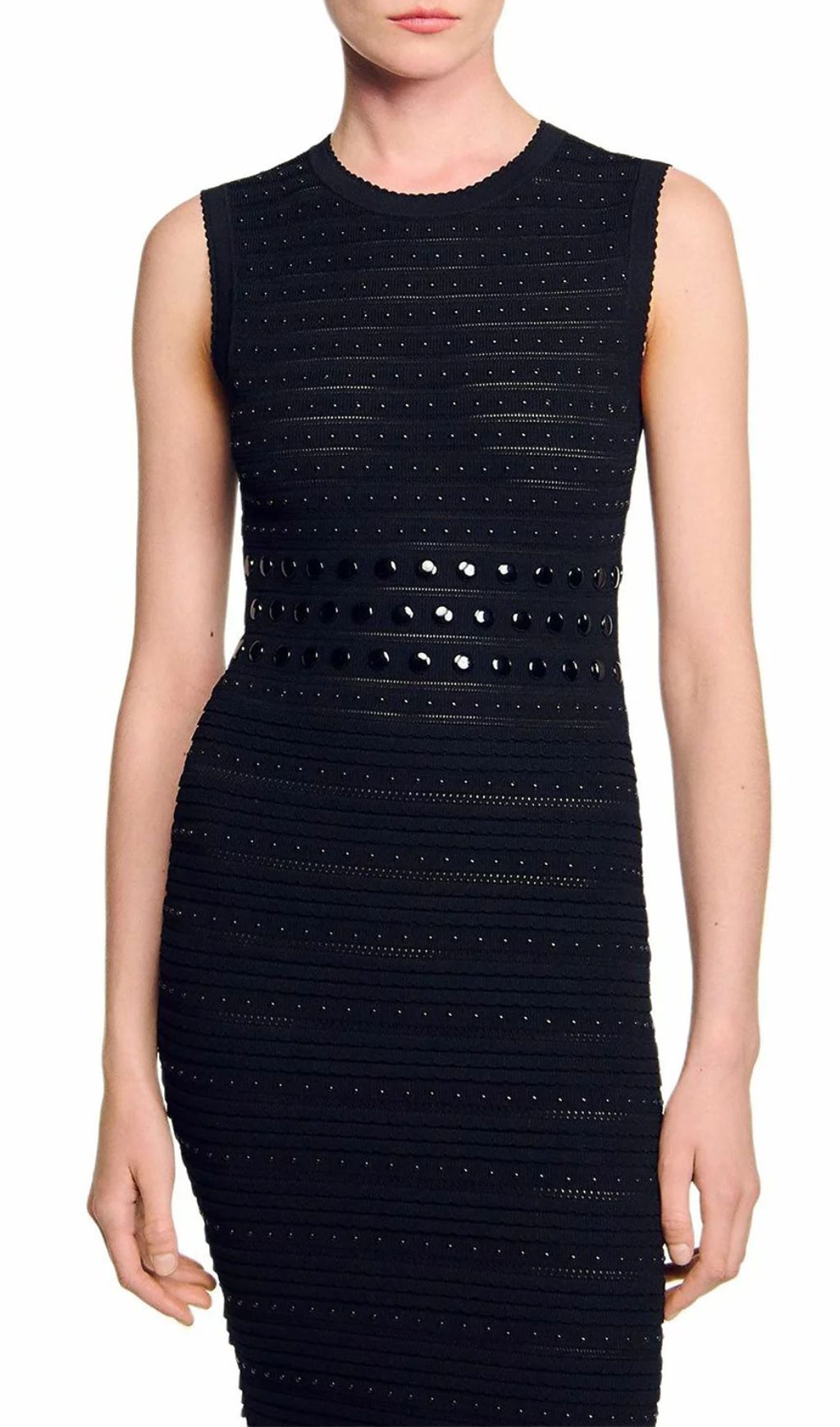 Chic Studded Knit Midi Dress | Black Sleeveless Flounce Hem