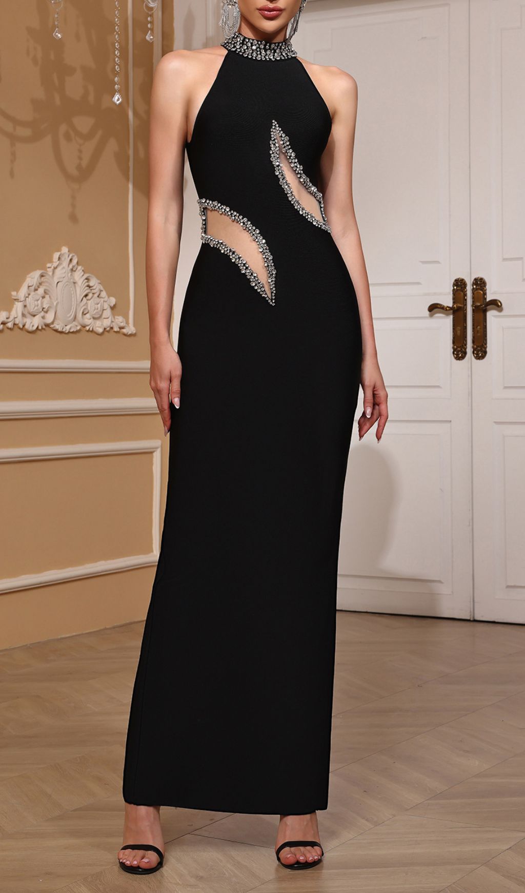 Freyja Black Halter Diamante Bandage Maxi Dress