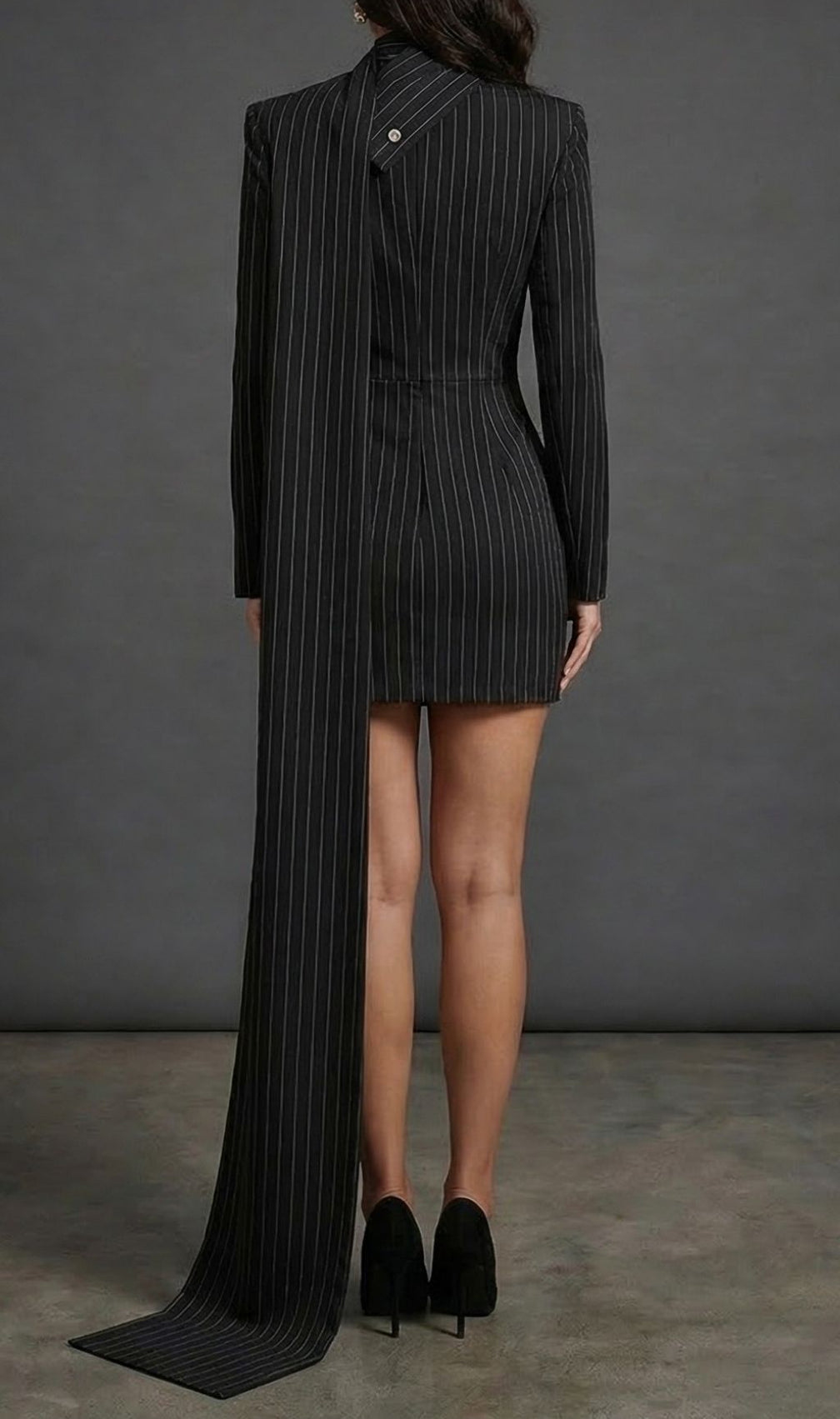 Kazane Chic Pinstripe Blazer Mini Dress with Choker & Train - Black