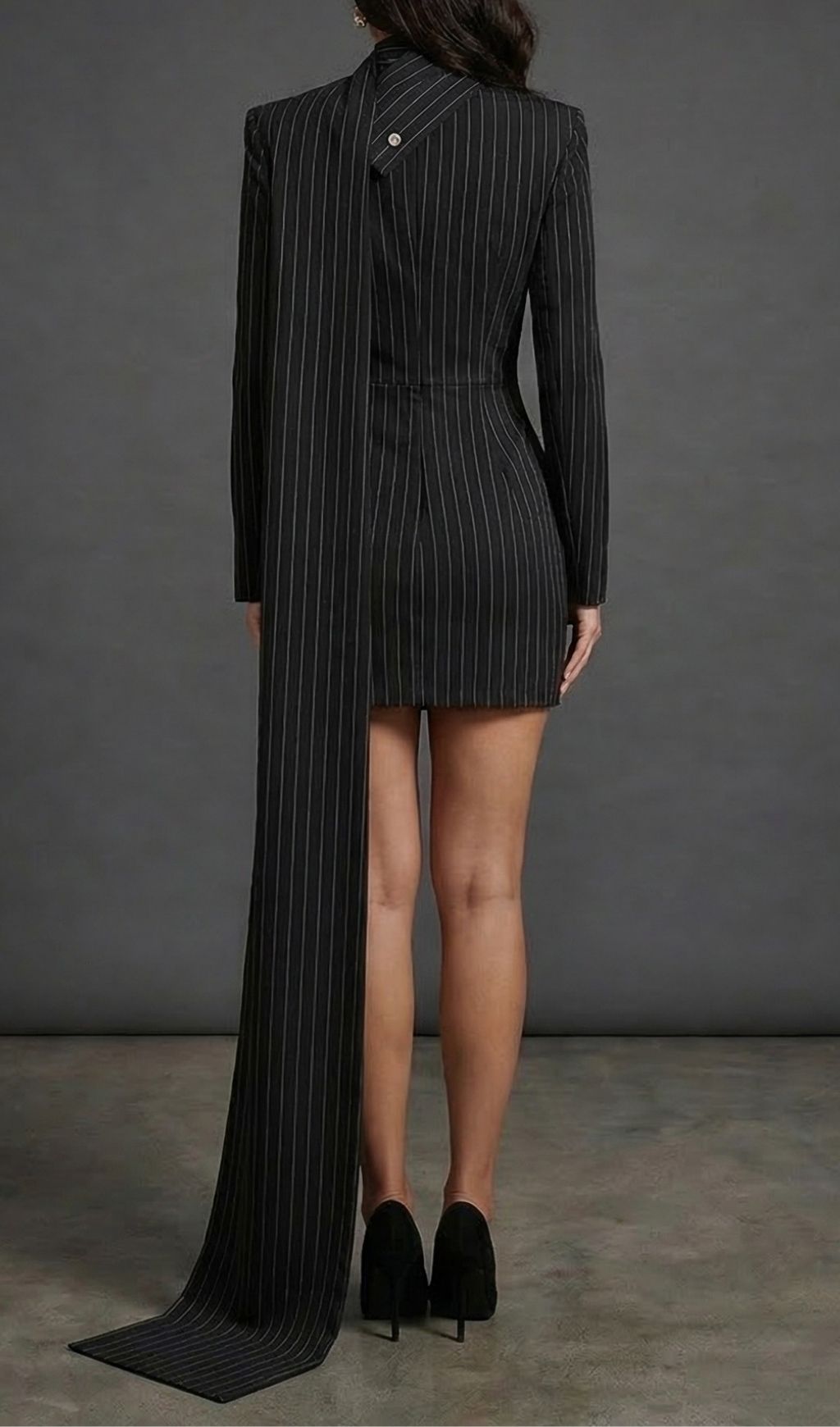 Kazane Chic Pinstripe Blazer Mini Dress with Choker & Train - Black