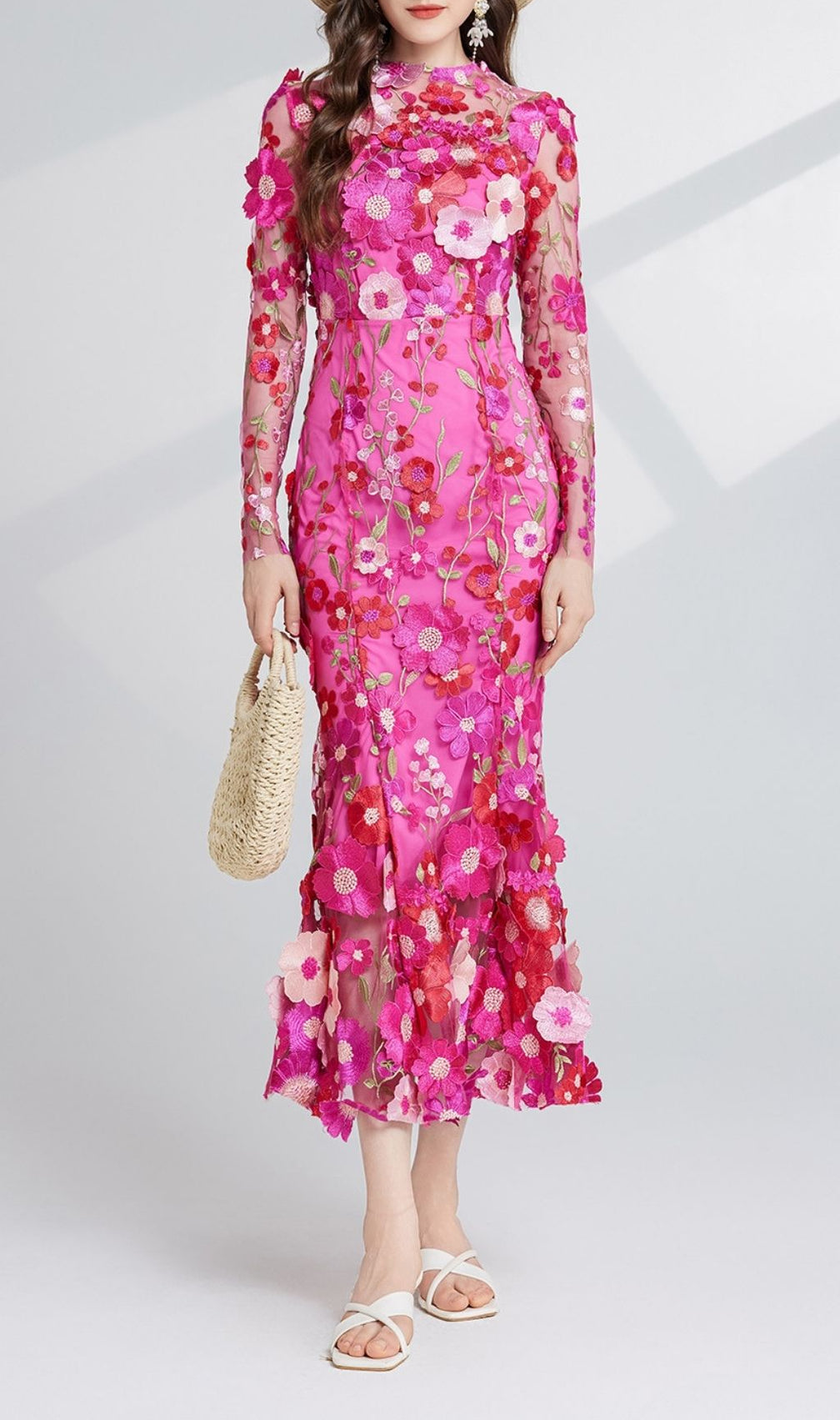 Carol Rose Red Floral Embroidery Mesh Fishtail Long Sleeve Midi Dress