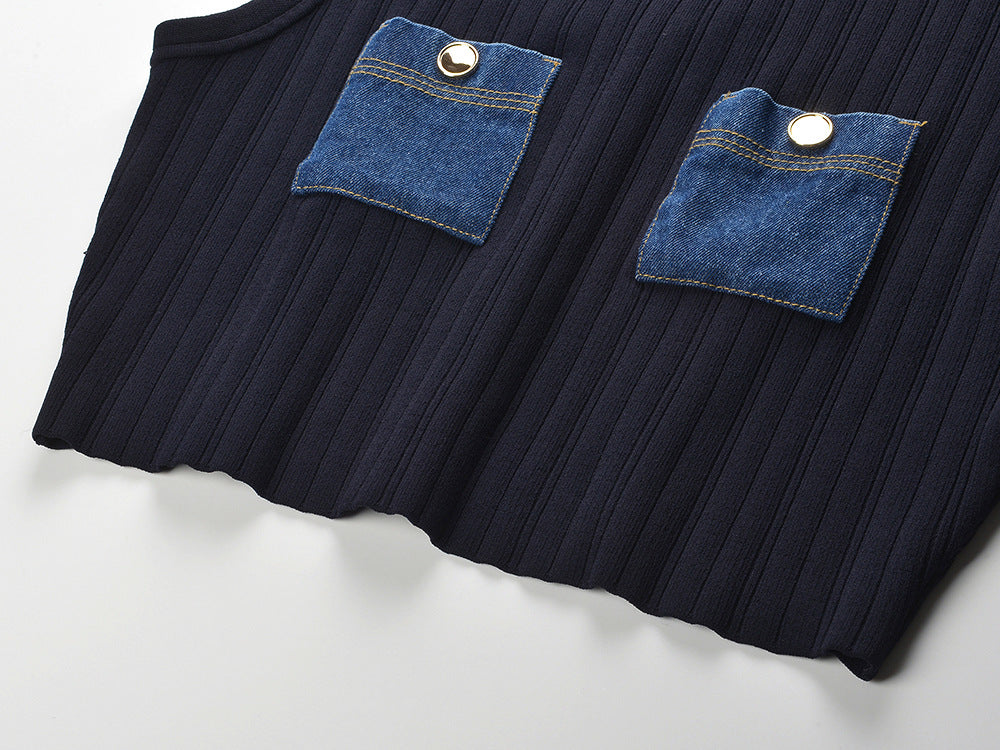 Chic Knit Ribbed Crop Top & Denim Pocket Mini Skirt Set