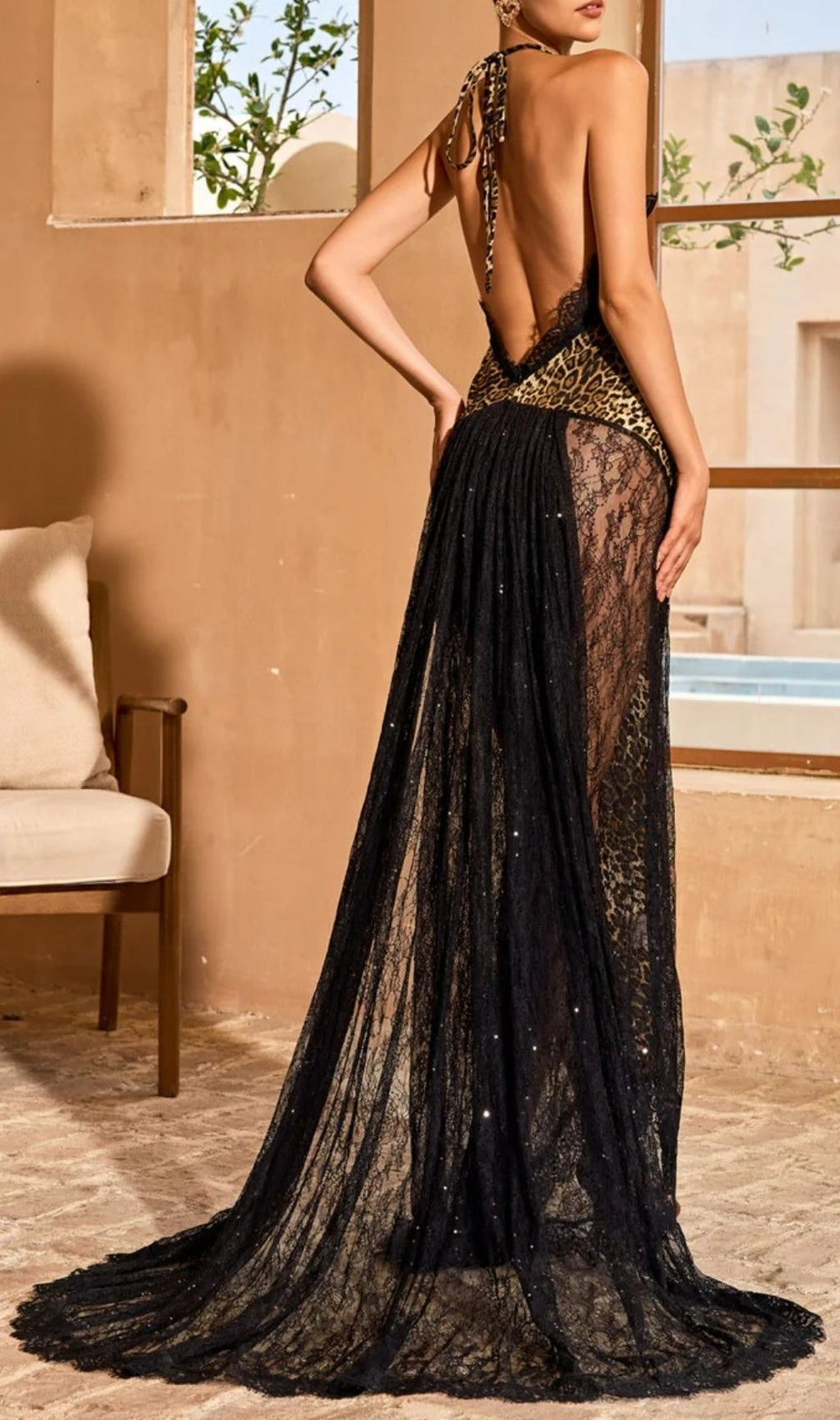 Mavek Backless Lace Leopard Maxi Dress