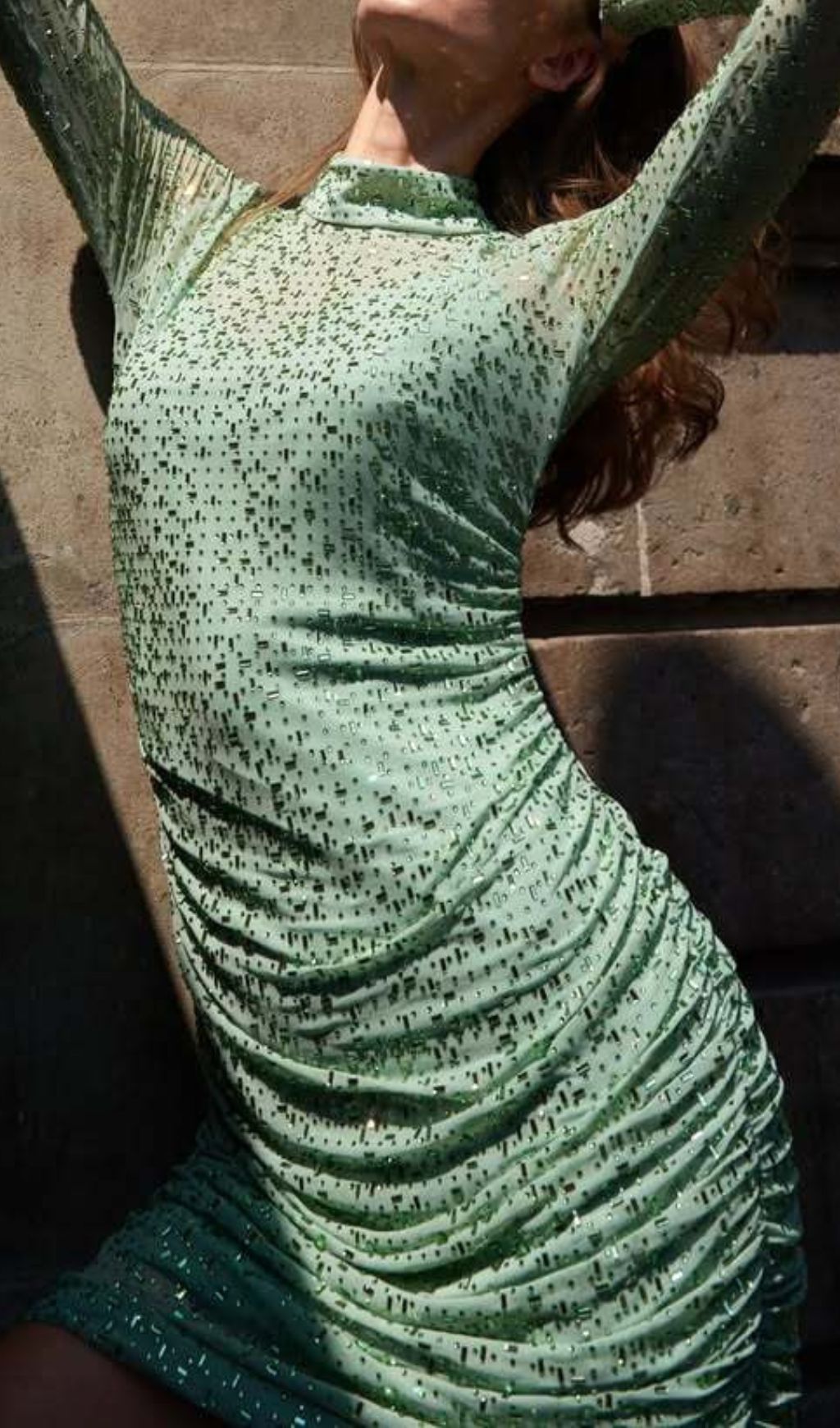 Jacinta Dazzling Green Crystal Ruched Mini Dress | Long Sleeve Bodycon