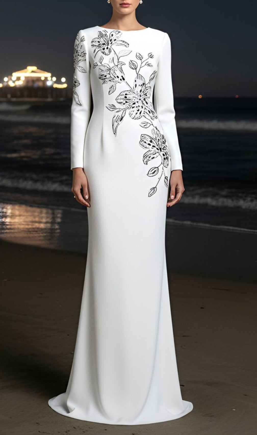 Jessica White Floral Embellished Evening Gown - Elegant Black & White Formal Dress