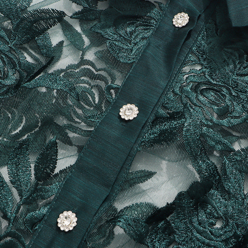 Iyana Emerald Green Floral Lace Embroidered Long Sleeve Midi Dress