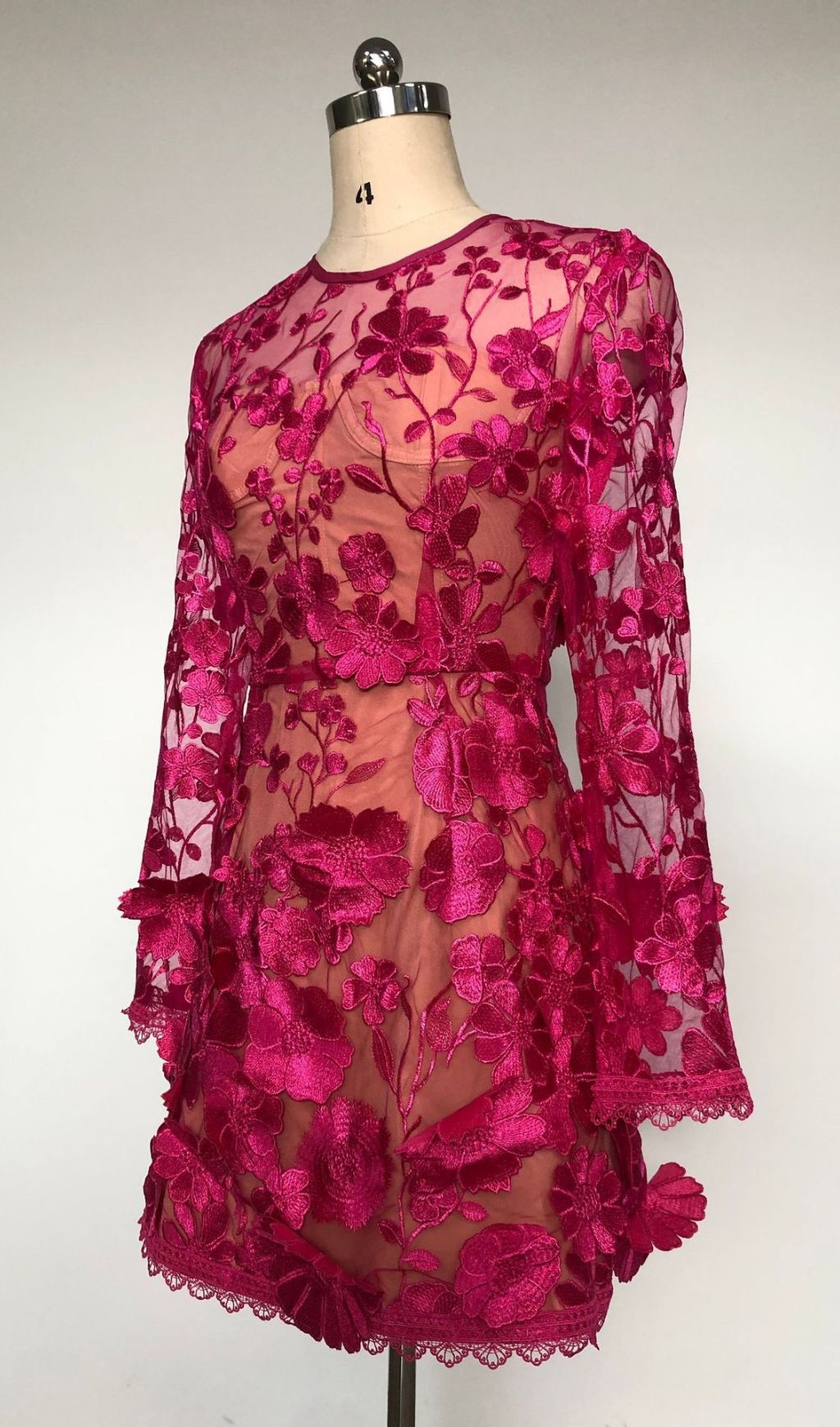 Iban Hot Pink Floral Embroidered Long Sleeve Mini Dress - Chic Party & Date Night Style