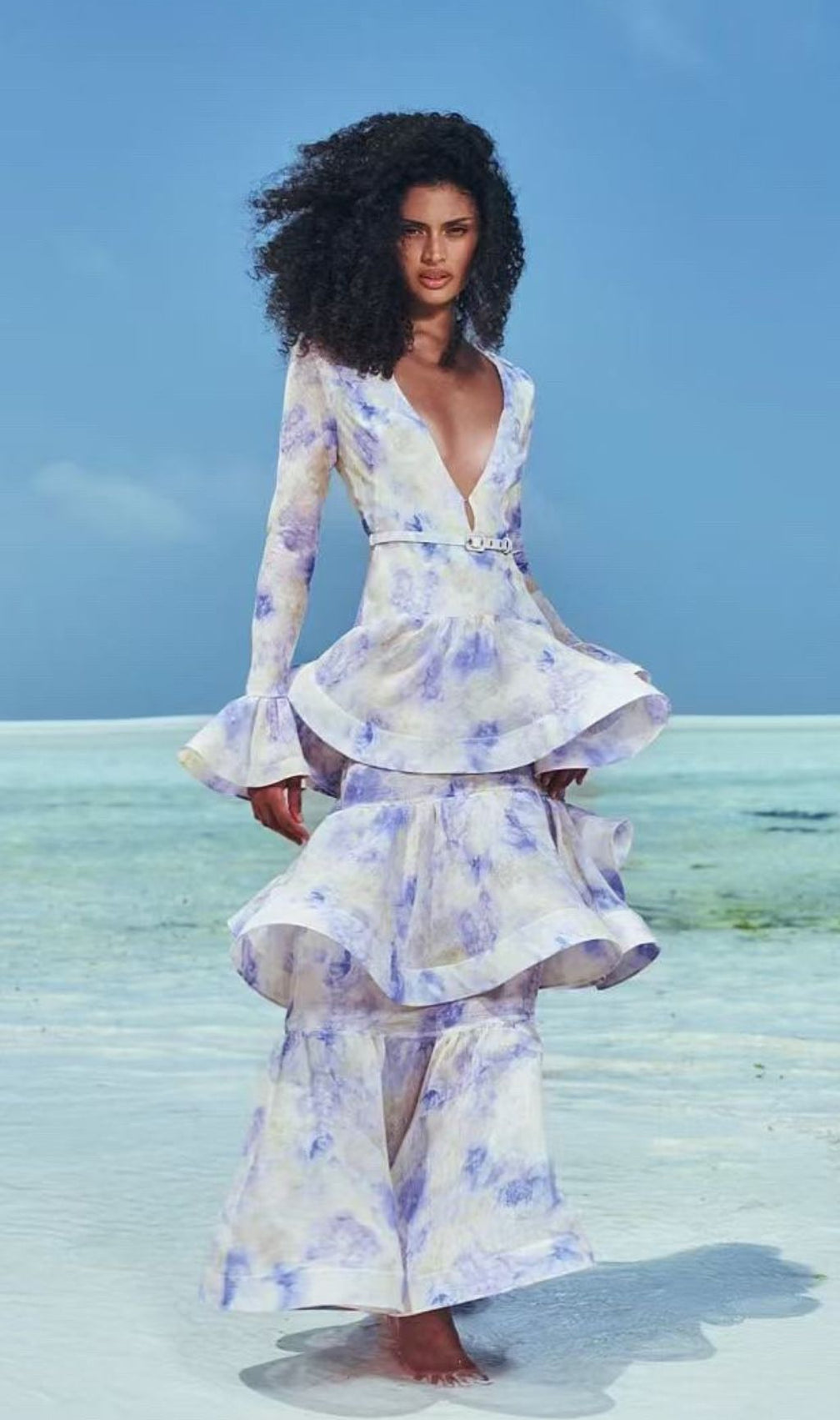 Enfys Blue Long Sleeve Printed Maxi Dress