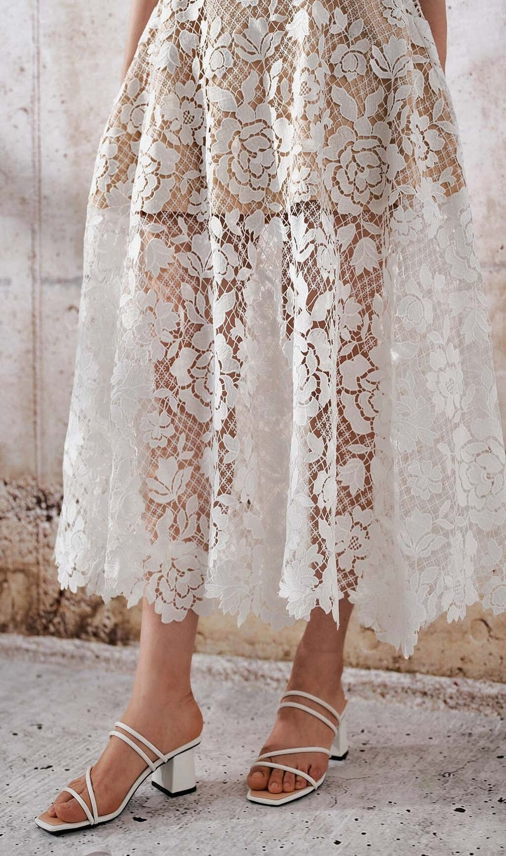 Roses Lace A-Line Midi Dress In White