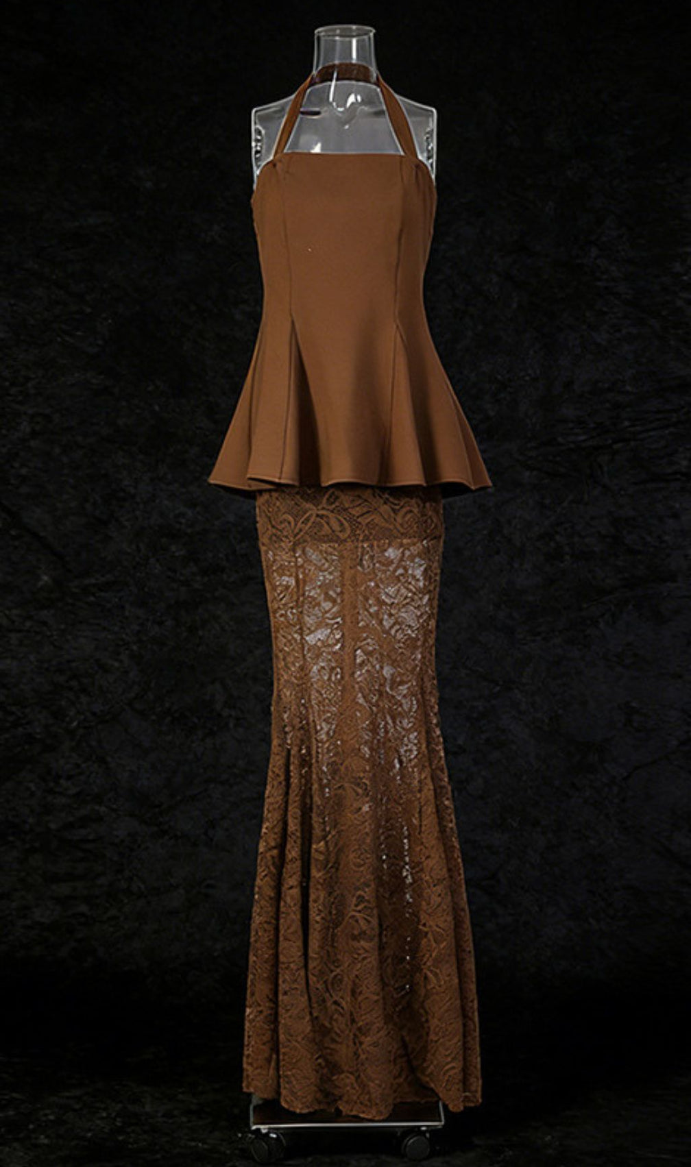 Janiah Elegant Halter Peplum Top & Bronze Lace Maxi Skirt Set