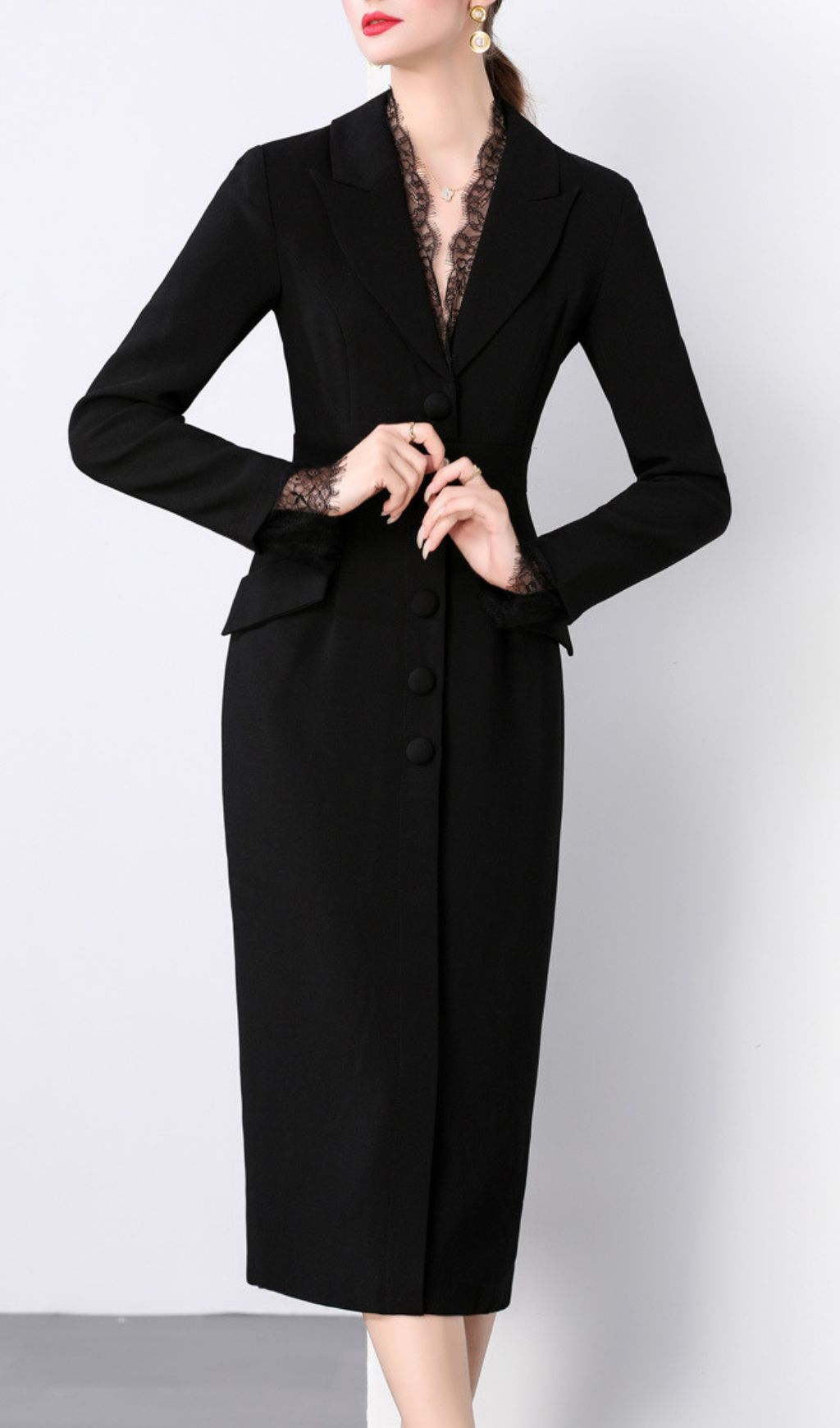 Chic Long Sleeve Blazer Midi Dress with Delicate Lace Trim
