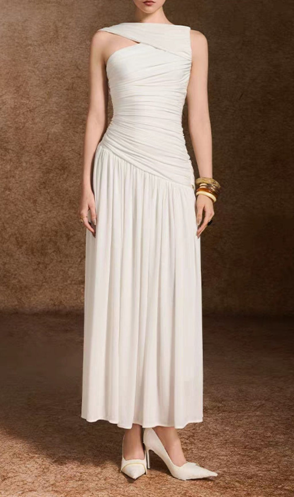 Kelsey White Ruched Maxi Dress