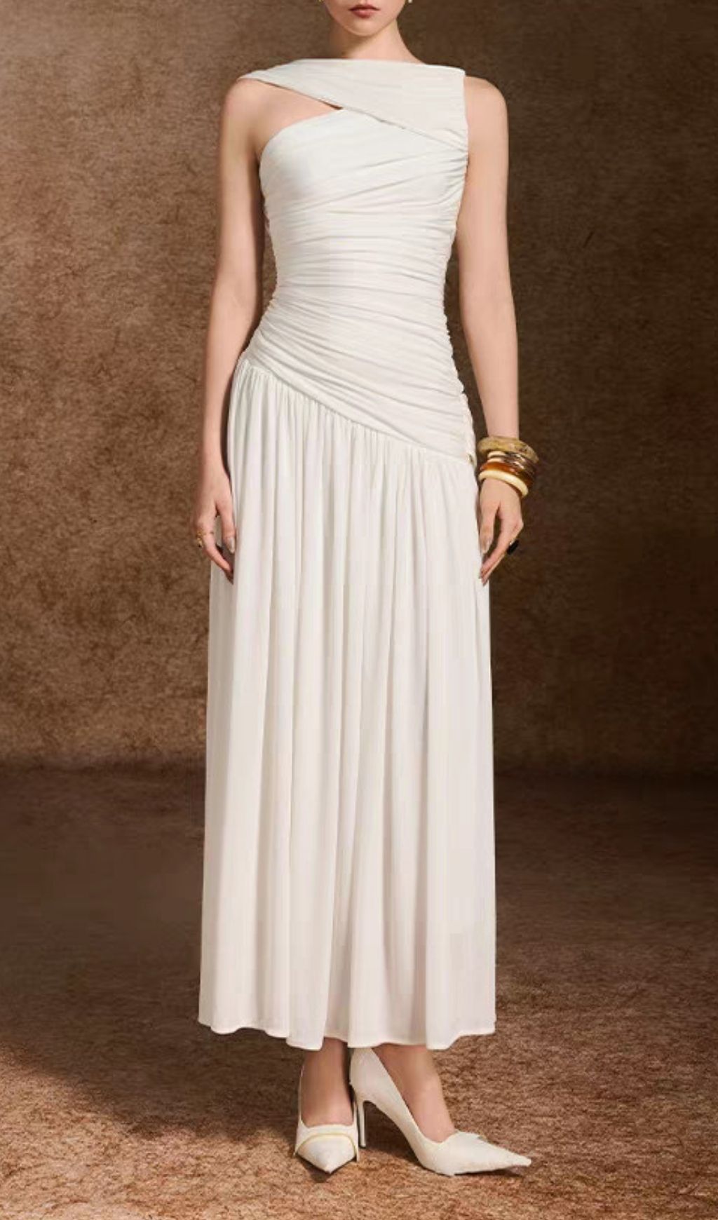 Kelsey White Ruched Maxi Dress