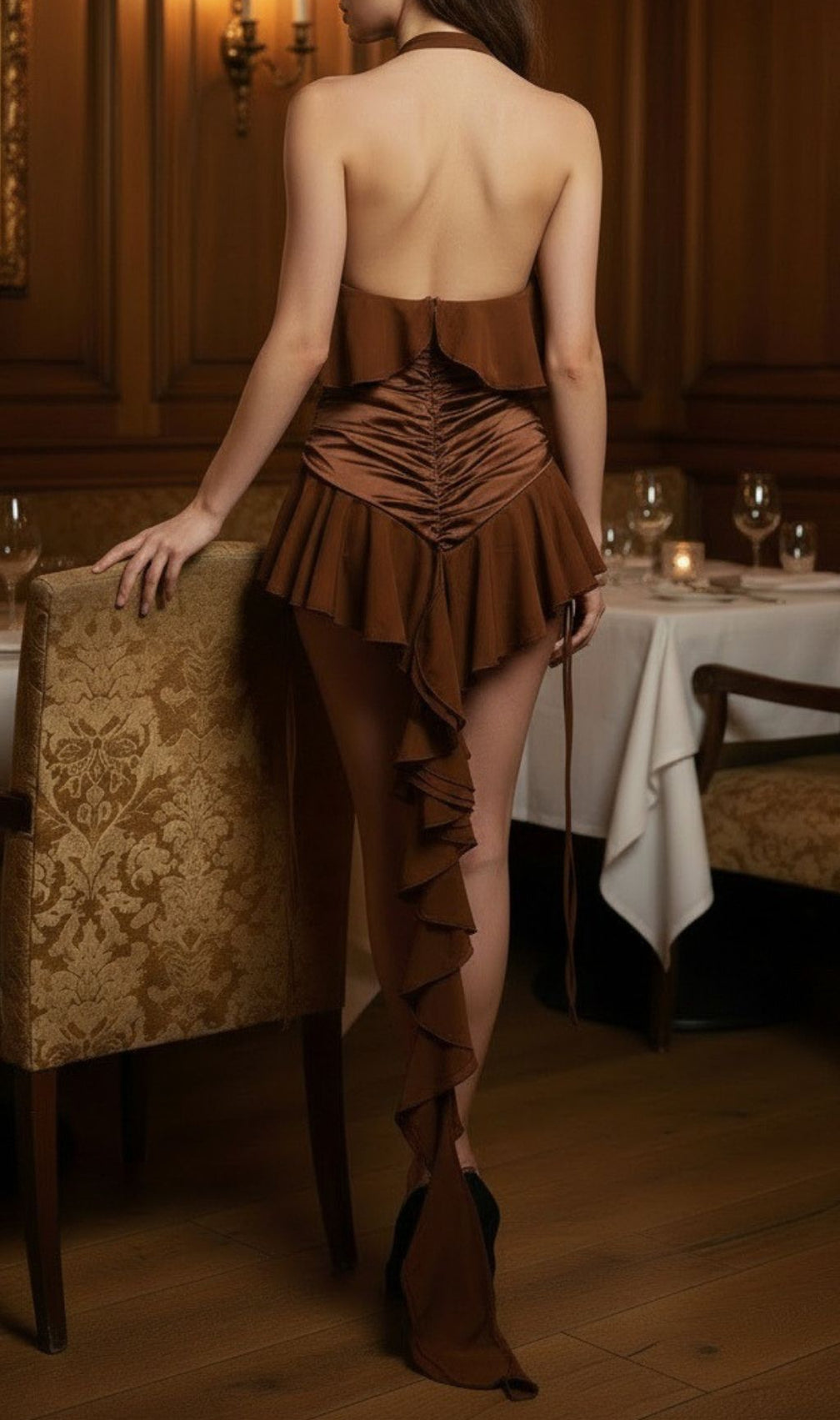 Jerom Opulent Brown Halter Ruched Mini Dress with Rosette Detail