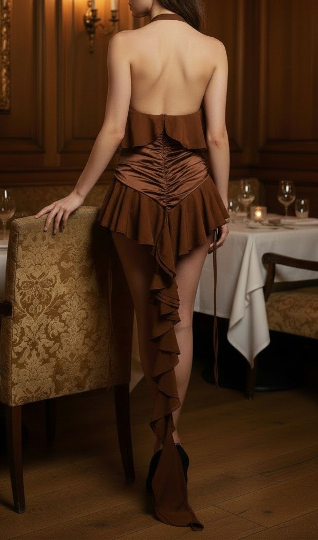 Jerom Opulent Brown Halter Ruched Mini Dress with Rosette Detail