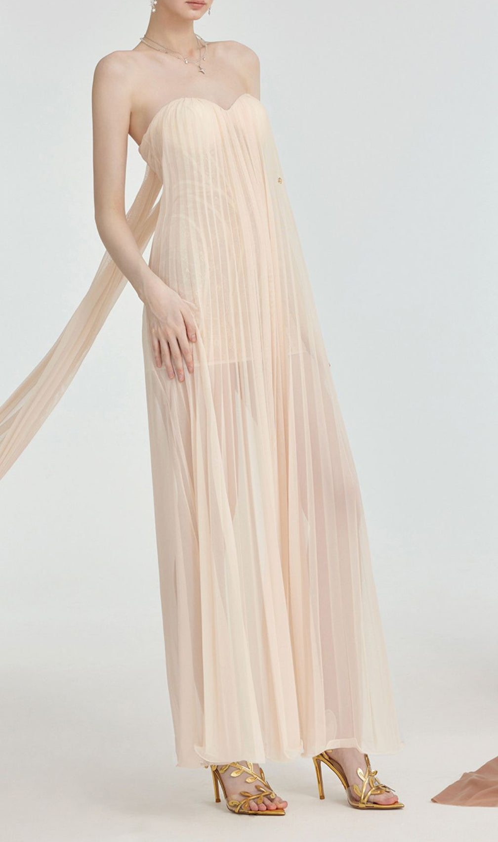 Fintan Apricot Strapless Mesh Lace Maxi Dress