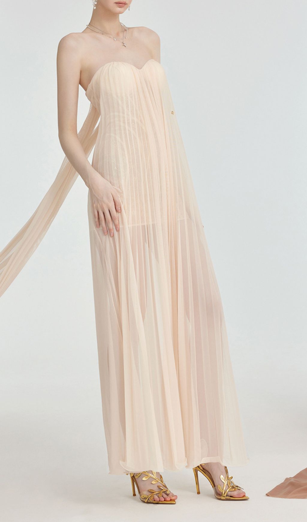 Fintan Apricot Strapless Mesh Lace Maxi Dress