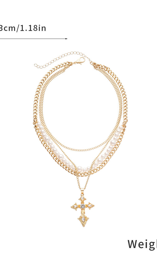 Jordyn Elegant Layered Pearl & Crystal Cross Necklace for Women