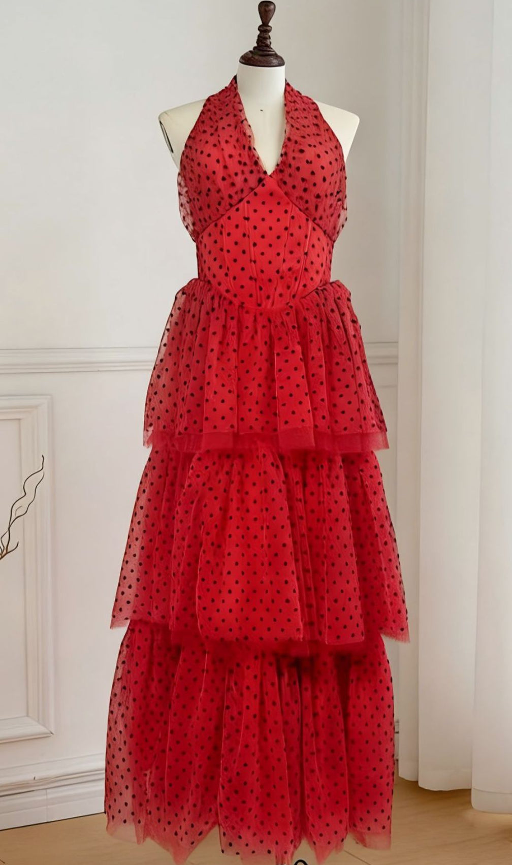 Janika Red Polka Dot Halter Tiered Maxi Dress - Bohemian Chic