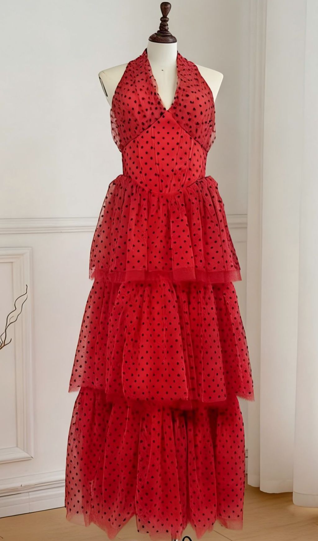 Janika Red Polka Dot Halter Tiered Maxi Dress - Bohemian Chic