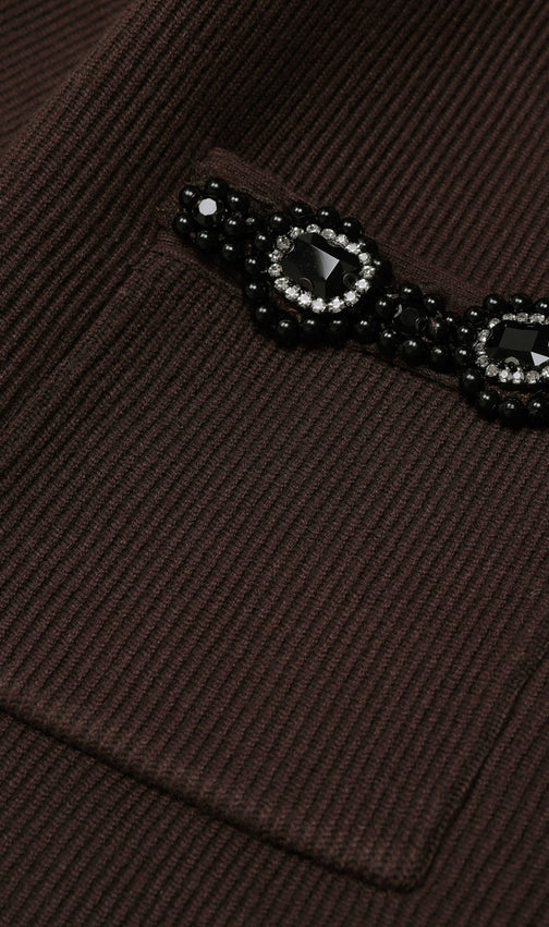 Jie Chic Coffee Ribbed Knit Cardigan & Midi Skirt Set with Embellishments