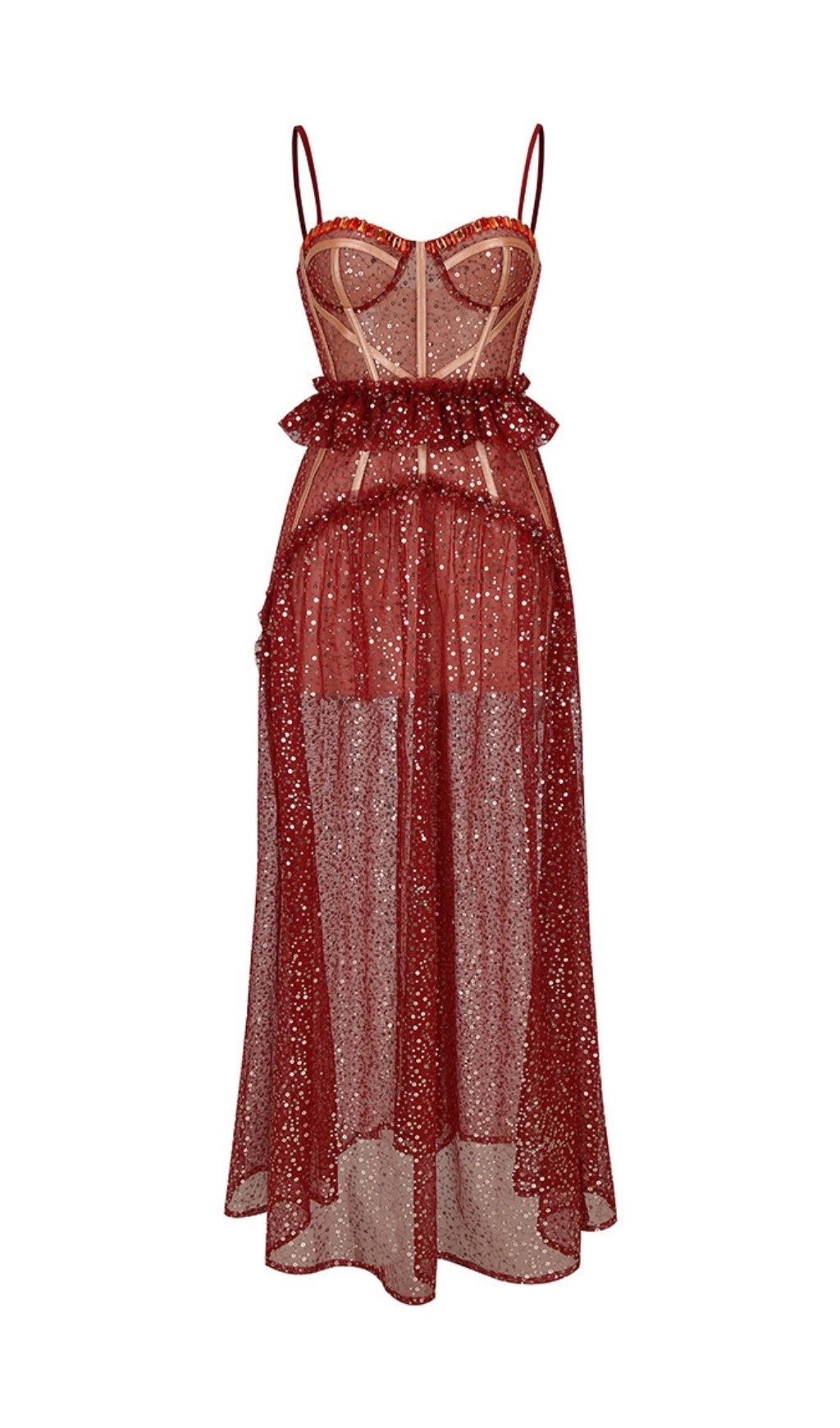 Korene Red Strappy Sequin Mesh Maxi Dress