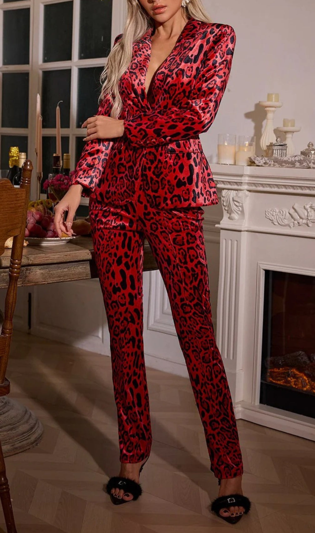 Cliff Red Long Sleeve Leopard Blazer Set