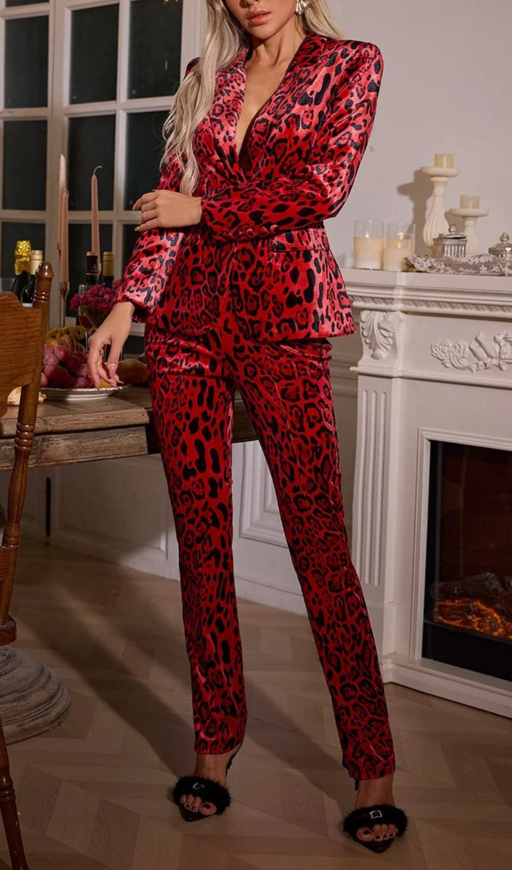 Cliff Red Long Sleeve Leopard Blazer Set