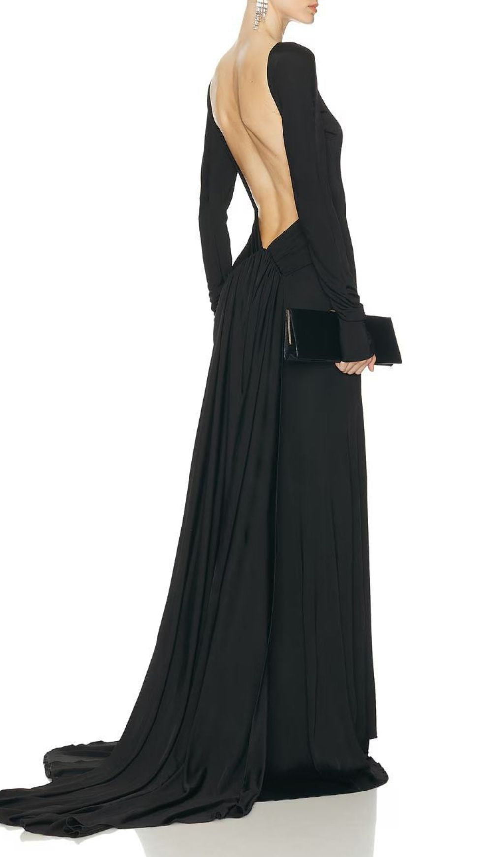 Iiona Black Backless Long Sleeve Maxi Dress: Dramatic & Elegant Evening Gown