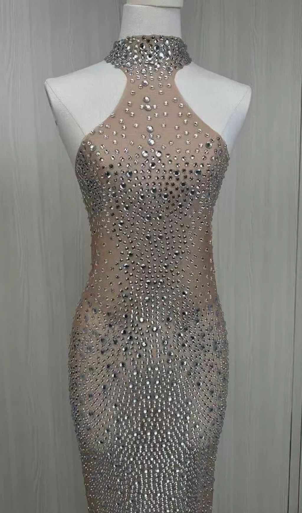 Kelena Dazzling Rhinestone Halter Maxi Gown - Sheer Illusion Evening Dress