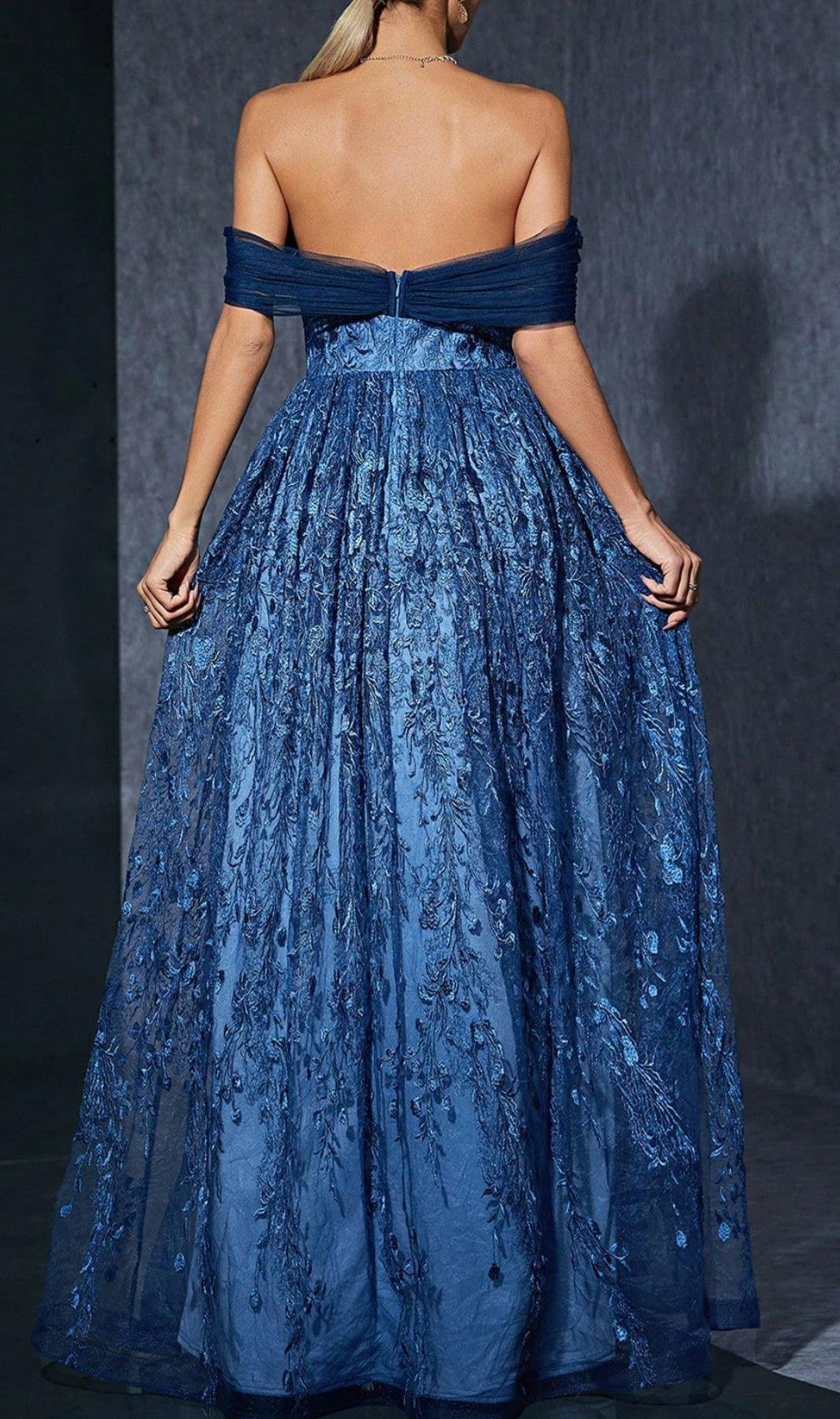 Dionne Navy Off-Shoulder Floral Embroidery Maxi Dress