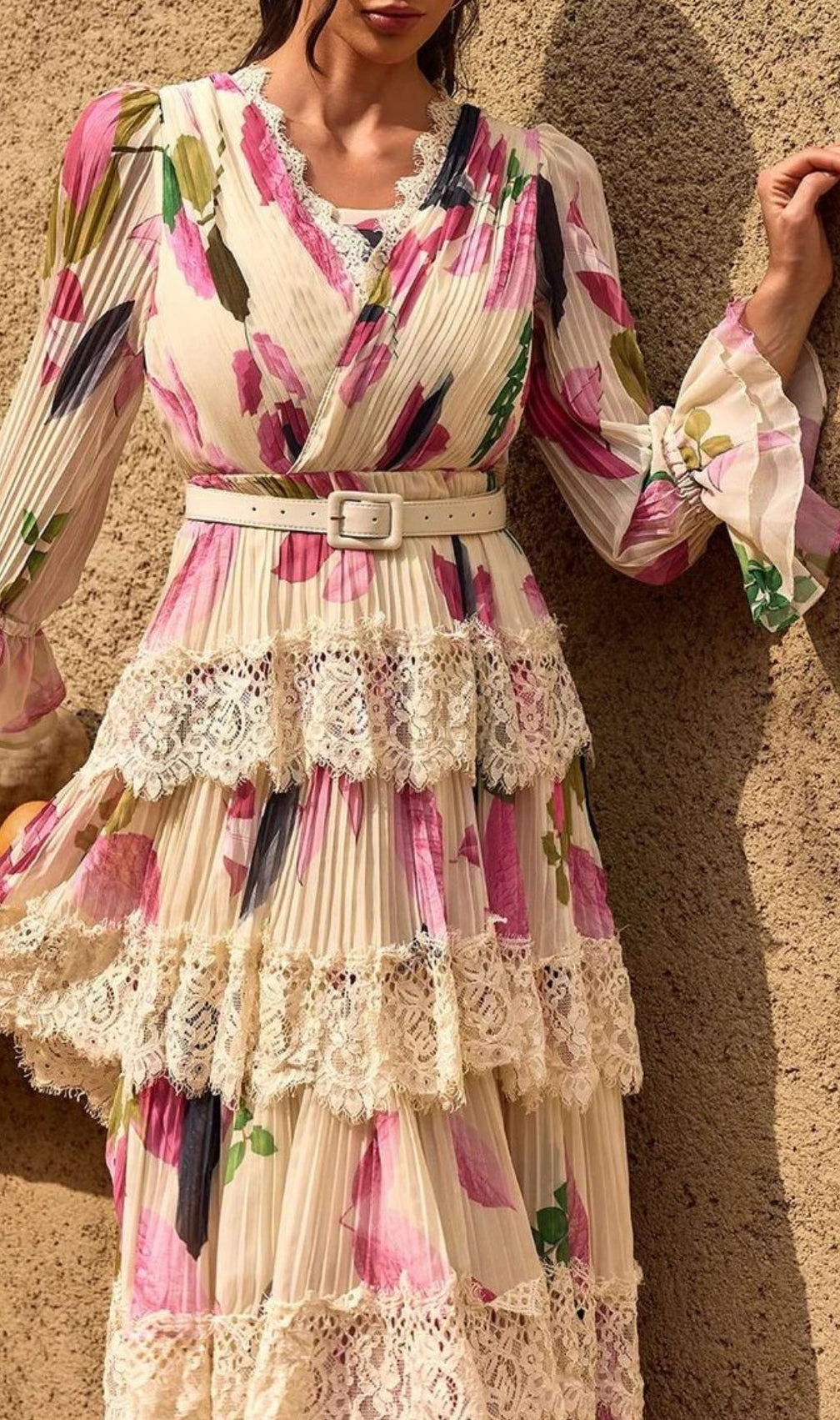 Charleen Elegant Floral Pleated Lace Tiered Maxi Dress | V-Neck & Belt
