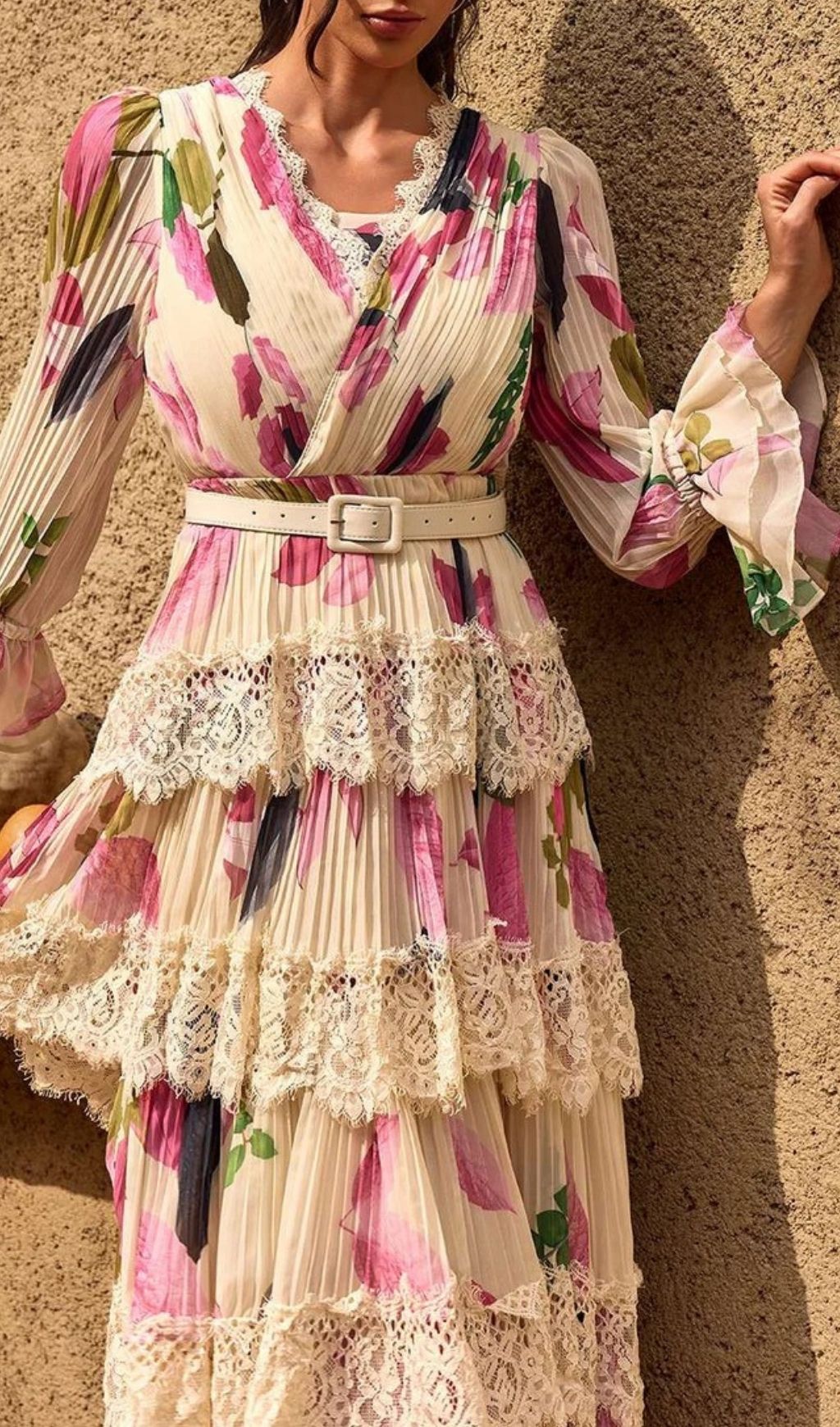 Charleen Elegant Floral Pleated Lace Tiered Maxi Dress | V-Neck & Belt