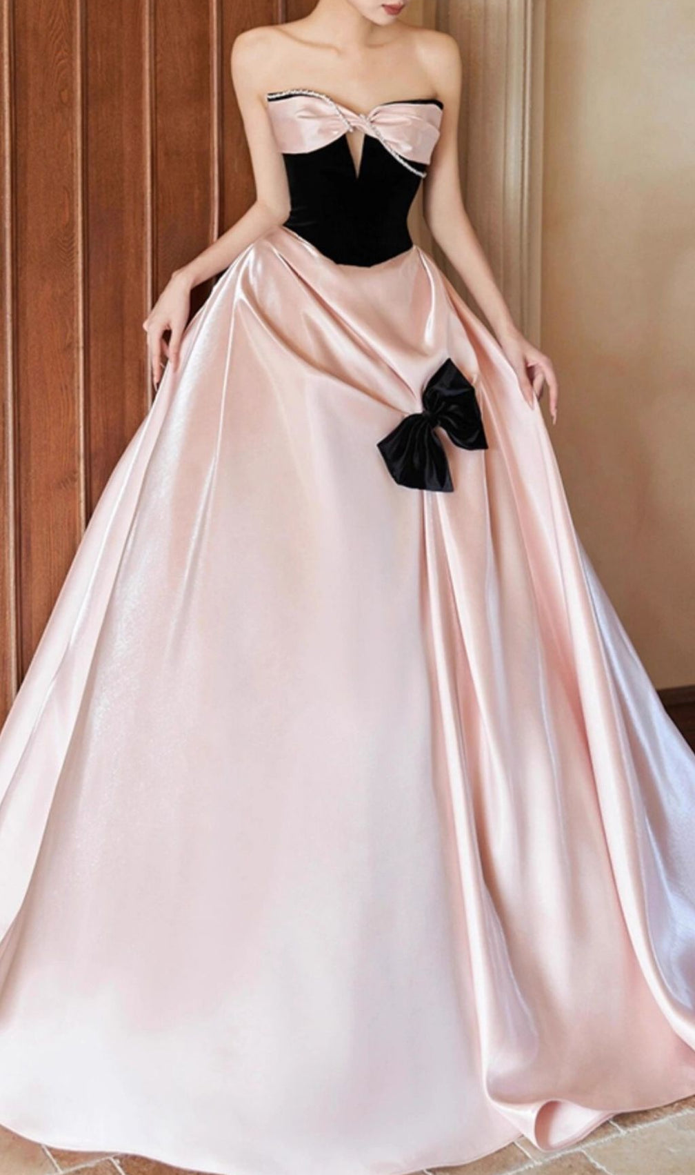 Karisse Blush Pink Strapless Velvet & Satin Gala Gown with Bow Accents