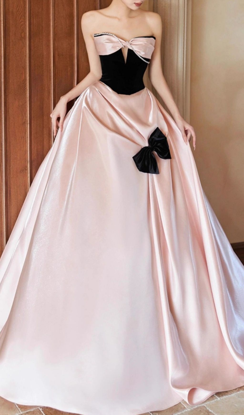 Karisse Blush Pink Strapless Velvet & Satin Gala Gown with Bow Accents