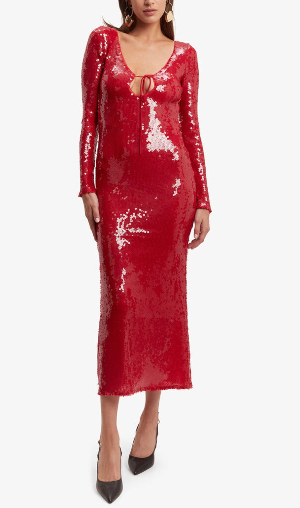 Betsy Red Long Sleeve Sequin Midi Dress