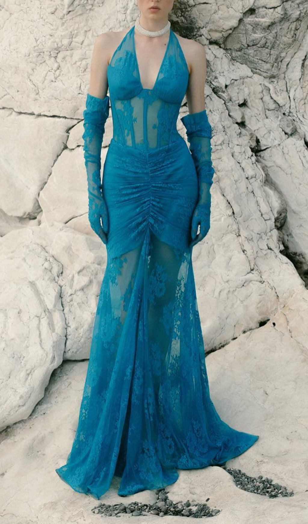 Aoife Blue Bustier Floral Lace Gown