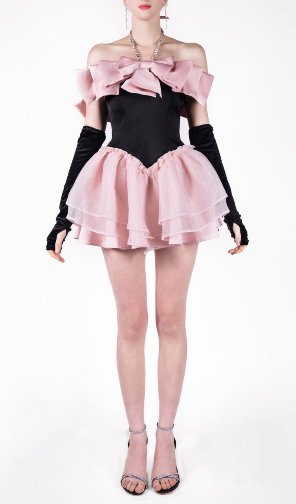 Amaranta Black-Pink Bow Rhinestone Dress